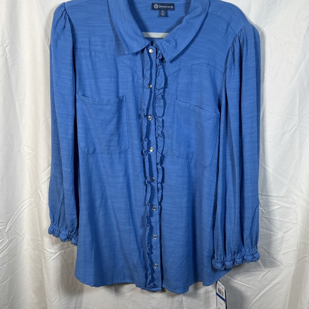 Democracy Womans XL‎ Blue Ruffle Pearl Snap Long Sleeve Lightweight Boho Western